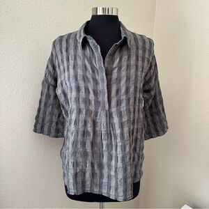 Poetry Linen Blend Brown Gray Plaid Check Blouse Size 6
